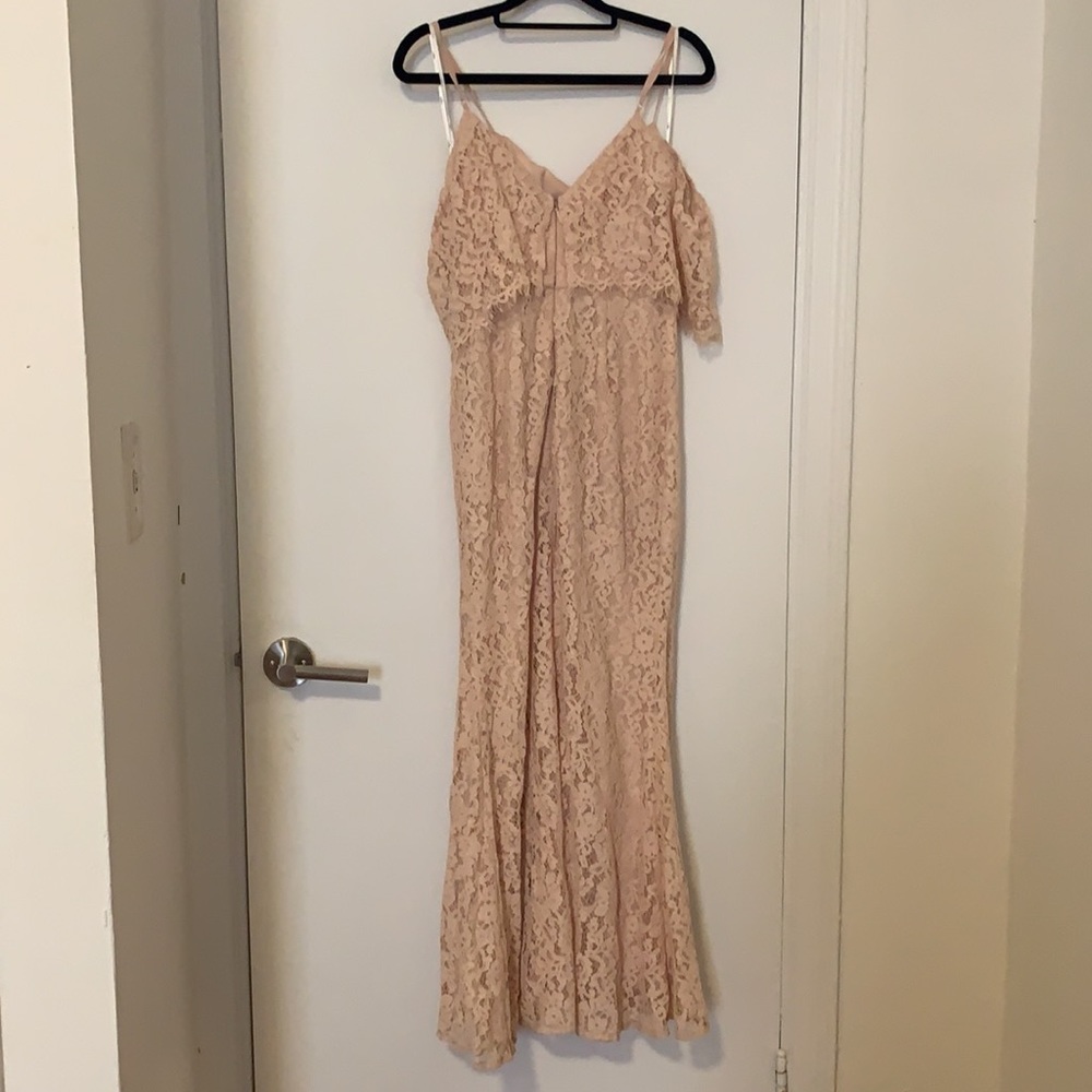 Lulus blush off-the-shoulder lace bridesmaid dress